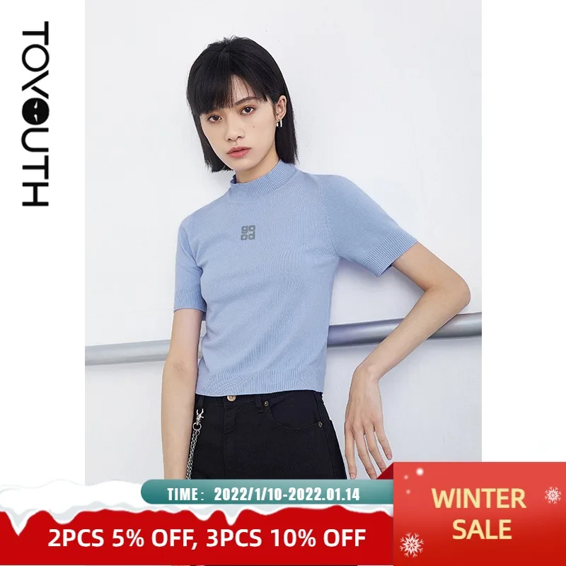 

Toyouth Women Kint Tops Spring Summer Short Sleeve Turtleneck Slim T-shirt Solid Purple Black Vintage Tops
