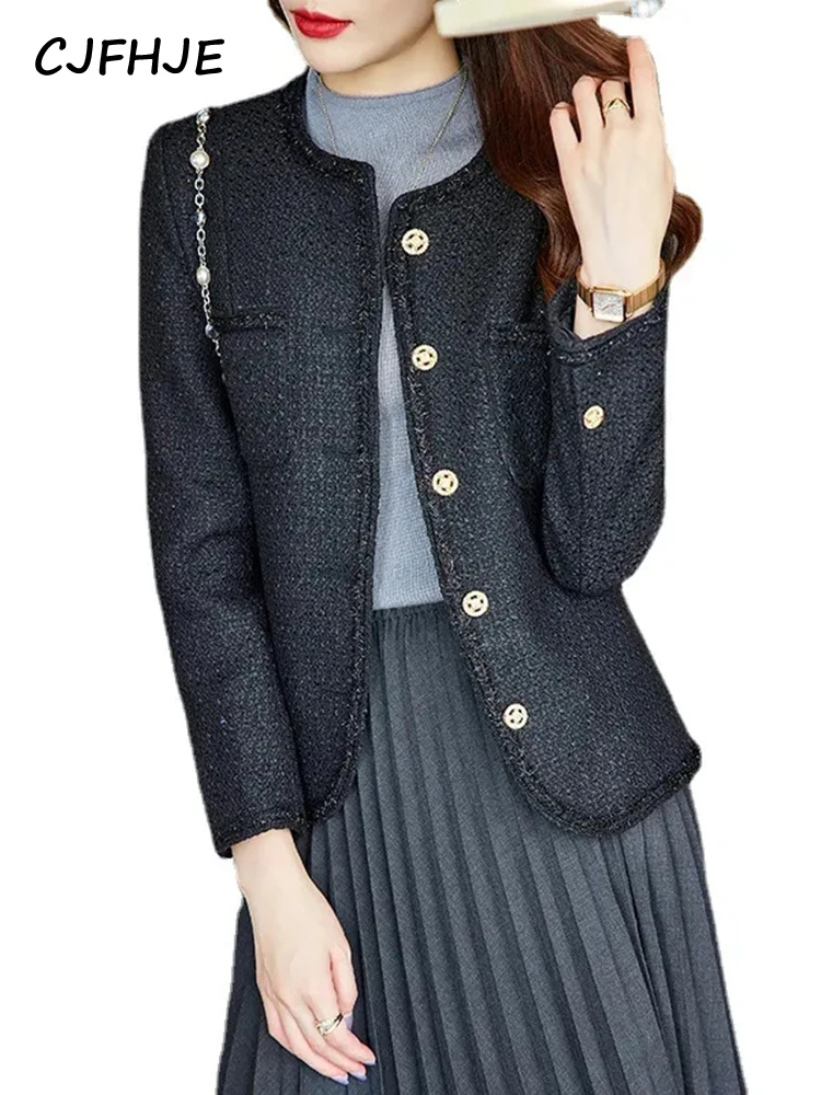 CJFHJE женский модный твидовый блейзер с металлическими пуговицами пальто