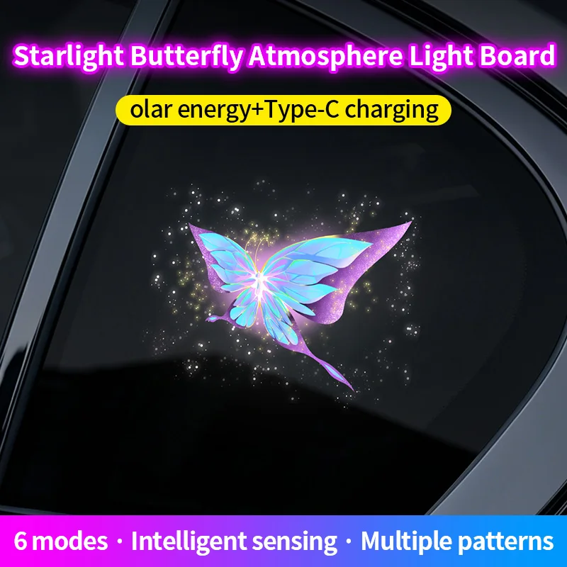 Фото Светодиодная LED-панель для автомобильного окна «Звездное небо» с солнечным датчиком, умная атмосферная лампа, декоративный светильник на присоске с изображением ангела, единорога, бабочки №5