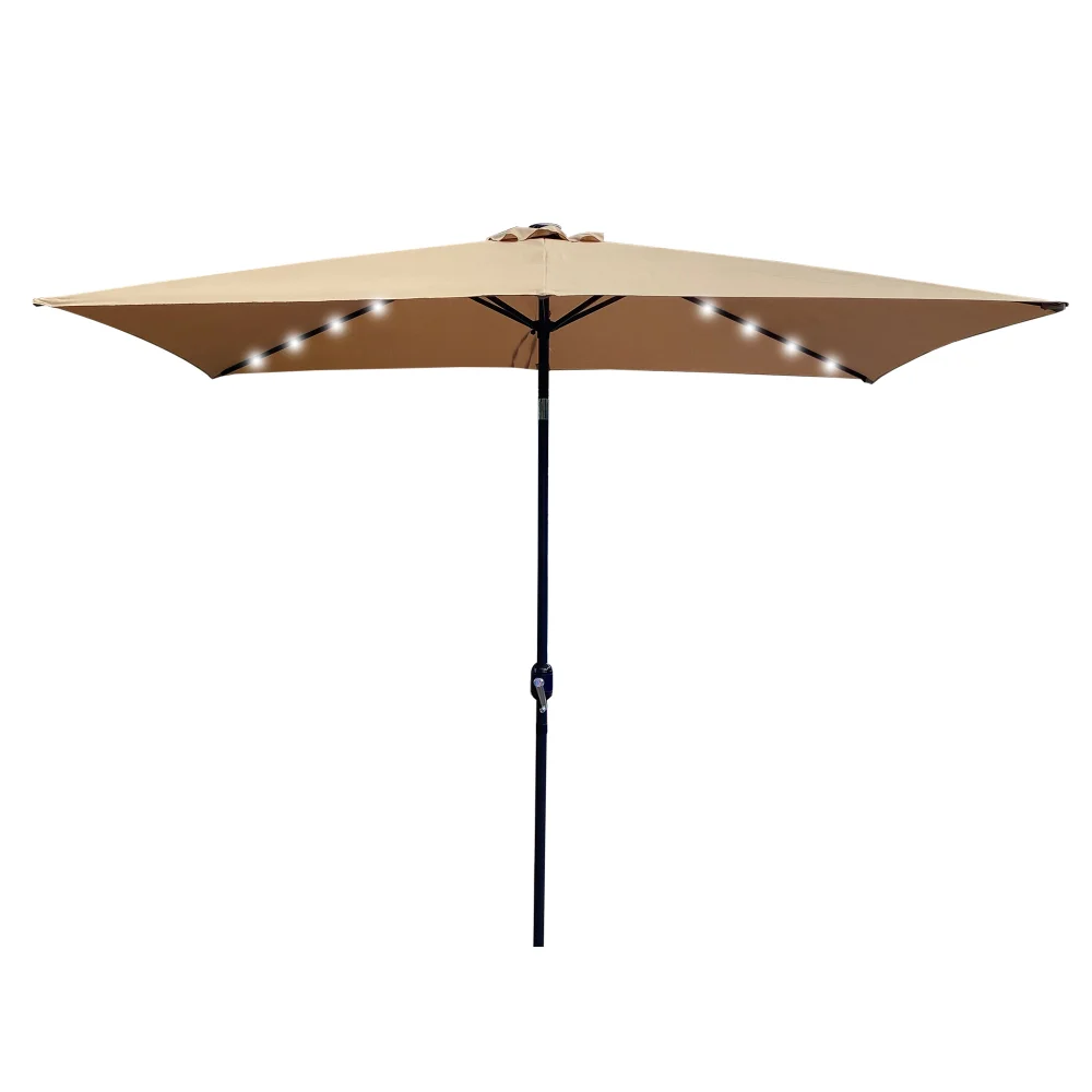 

2x3M Patio Solar LED Lights Umbrella Irregular Beach Umbrellas Outdoor Yard Garden Table Umbrella with Auto Tilt Khaki