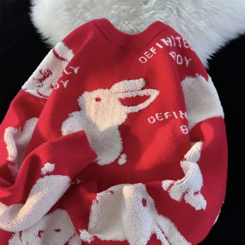 

Милый красный мультяшный жаккардовый Свитер оверсайз для мужчин и женщин, новая модная повседневная верхняя одежда, пуловер в ленивом стиле для пар, свитер, Топ