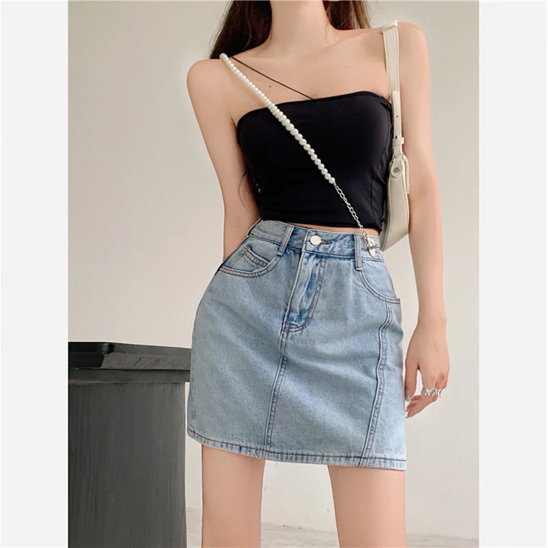 Женская джинсовая юбка с цепочкой голубая Повседневная винтажная модная