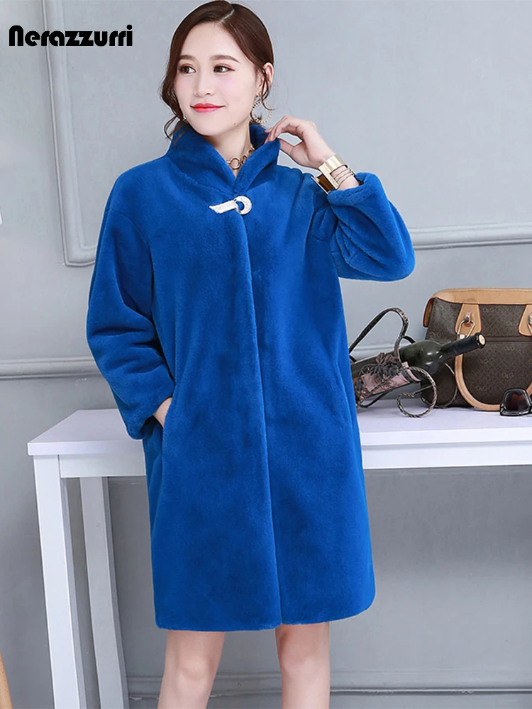 Nerazzurri Winter Fluffy Faux Fur Coat Women Colored Blue Black Gray Warm Furry Fake Rex Rabbit  Jacket Cocoon Korean Fashion