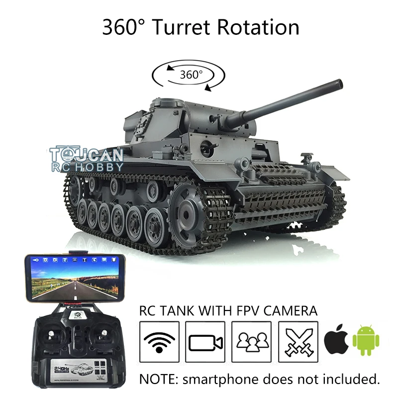 

2.4G FPV Henglong 1/16 7.0 Panzer III L RC Tank 3848 360 Turret Steel Gearbox Smoke Effect Chassis Recoil TH17357-SMT7
