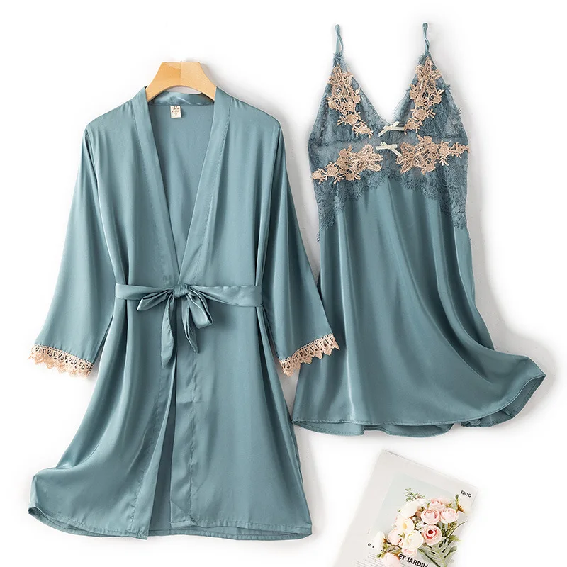 

Women's Robe Gown Sets Sexy Lace Appliques Kimono Nightgown V-Neck Mini Sleepshirts Cardigan Bathrobe Summer Lingerie Home Bath
