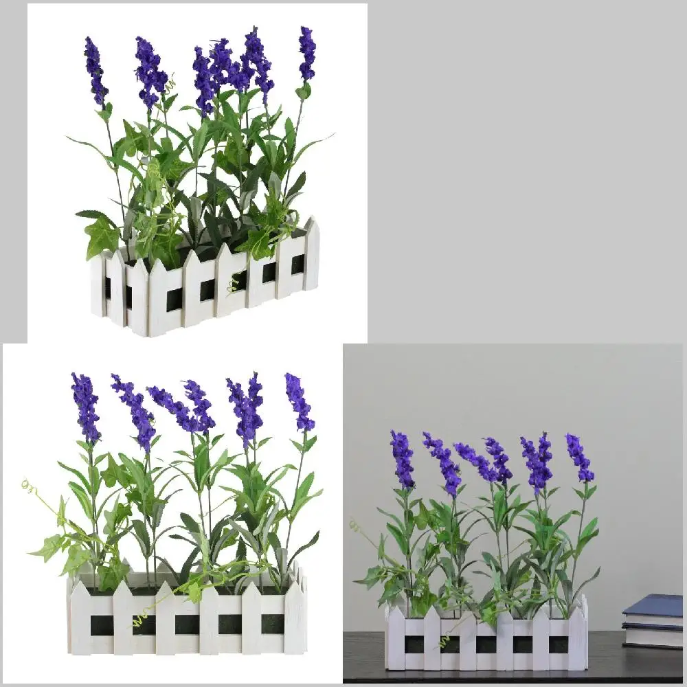

Charming Artificial White Picket Fence Container with Blooming Lavender Plant for Home Decor and Garden.