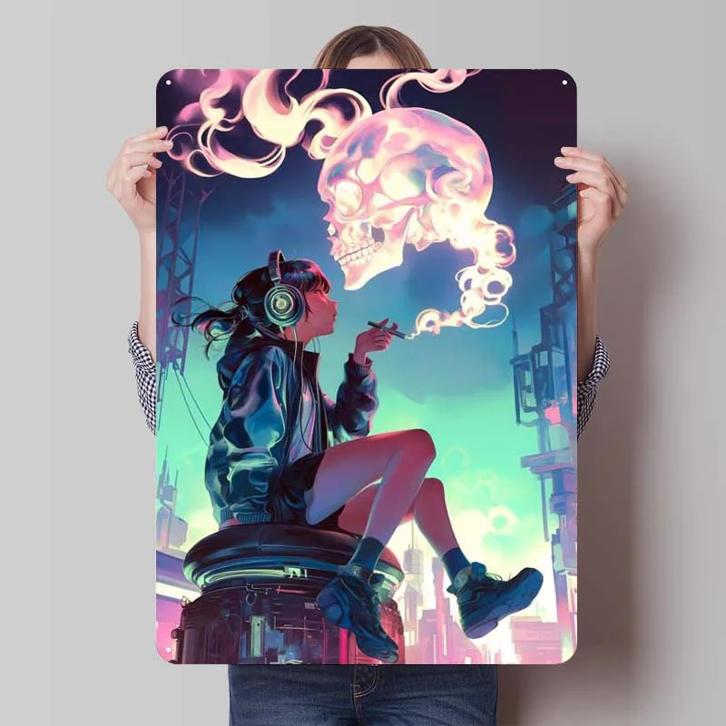 Аниме череп курительная девушка Ржавый металлический постер жестяной знак эльф
