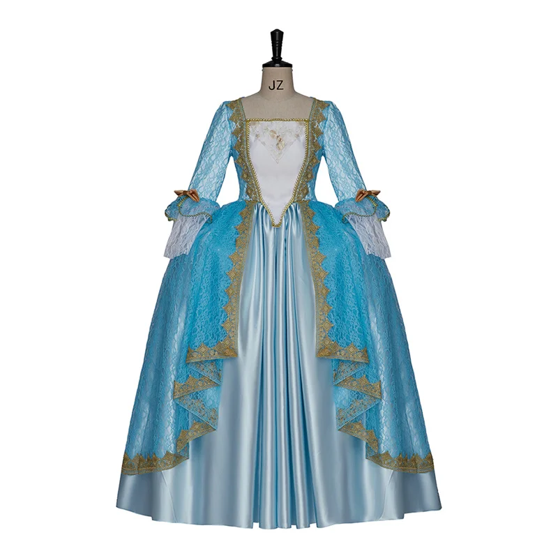 

Medieval Blue Lace Fancy Rococo Court Retro Marie Antoinette Dress Women Victorian Masquerade Palace Gown