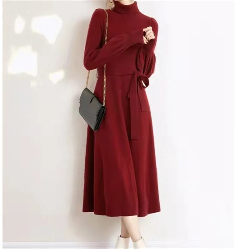 

Autumn Winter Dresses for Women 2022 Fashion Solid Color High Collar Knitted Dress Sweater Elegant Dresses for Women Pullover