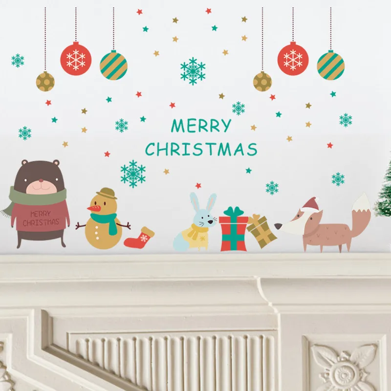 

Cartoon Animals Snowman Celebrate Christmas Wall Stickers For Home Decoration Diy Xmas Festival Mural Art Kids Room Wall Decals