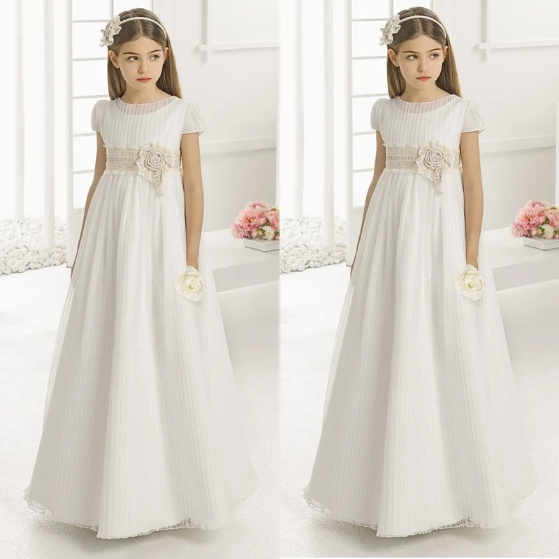 

Vintage Ruffle Tulle Flower Girl Dresses for Wedding Empire Waist Short Sleeve Crew Champagne Lace Sash First Communion Gowns