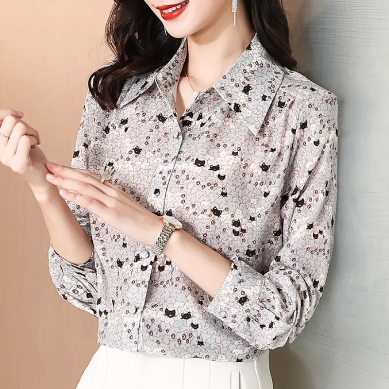 Elegant Lapel Button All-match Printed Shirt Women's Clothing 2023 Spring New Loose Casual Tops Long Sleeve Office Lady Blouse