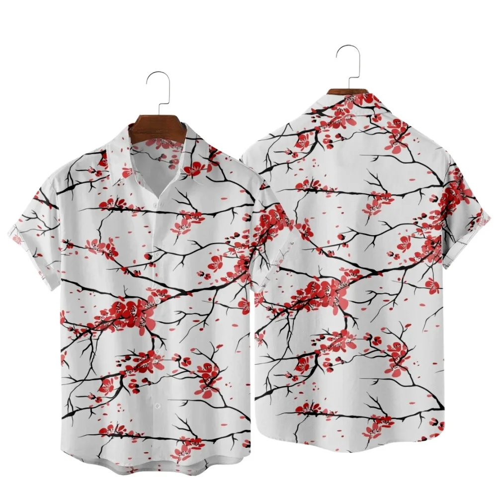 

2022 Beautiful Plum Tree Vintage Print Shirts, Fashion Casual Hawaiian Beach, Summer Pocket Shirts for Men and Women
