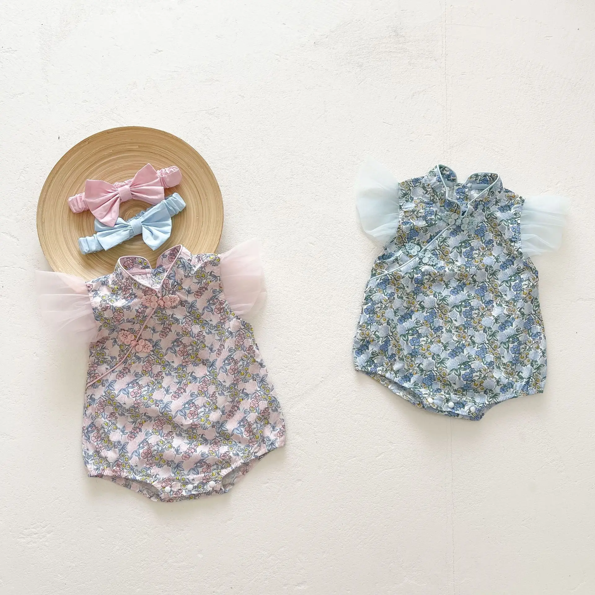 

Newborn Chinese Style Clothes For Baby Girls Elegant Princess Lace Floral Pattern Romper 2022 Summer Short Sleeve Infant Bodysui