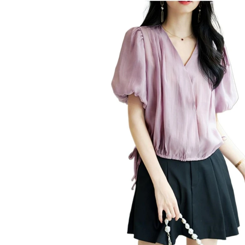 

Solid Elegant V-Neck Loose OL Female Blouses Fashion 2023 Summer Women's Puff Sleeve Shirts And Blouse Female Chic Pullover Top