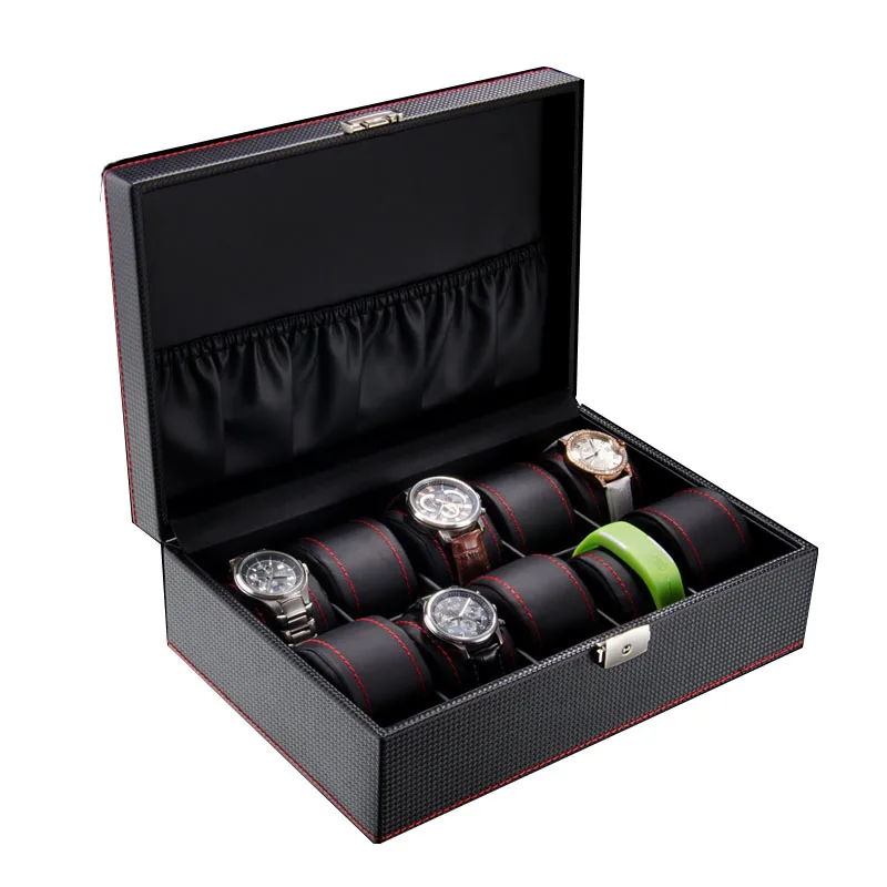 Luxury Carbon Fiber Watch Box Organizer Leather Black Storage Box Bracelet Jewelry Watch Box Case with Lock Display Box Gift