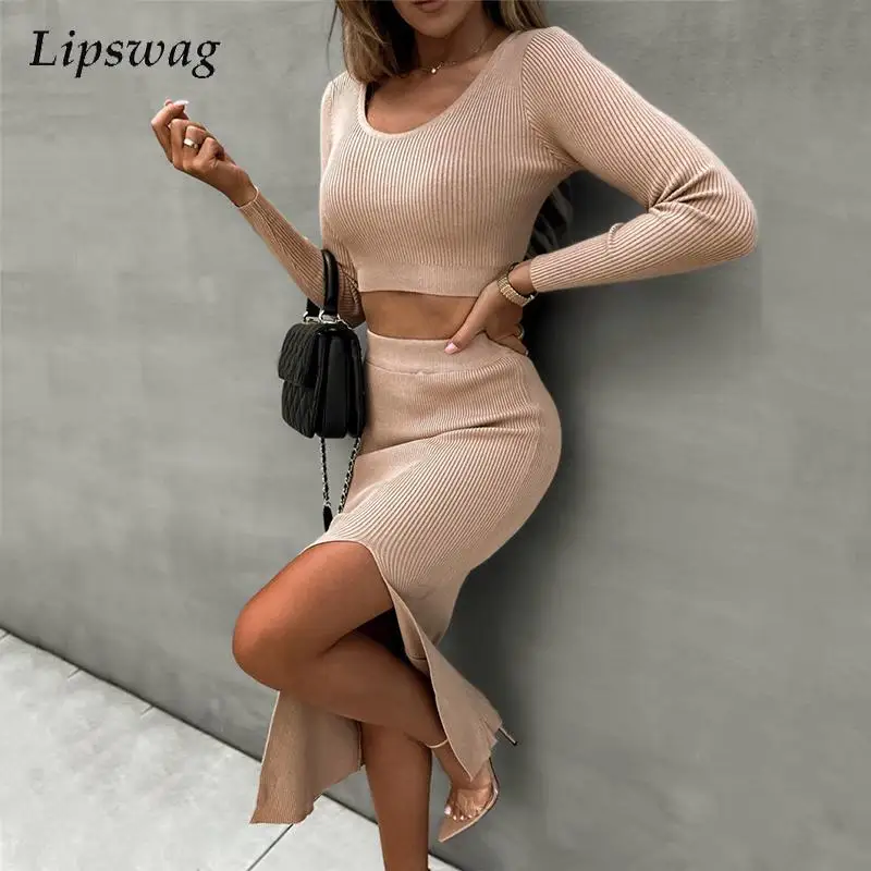 

Autumn Casual O-neck Pullover Top & Split Skirt Outfits Women Fashion Ribbed Knitted 2 Piece Suit Lady Elegant Long Sleeve Sets