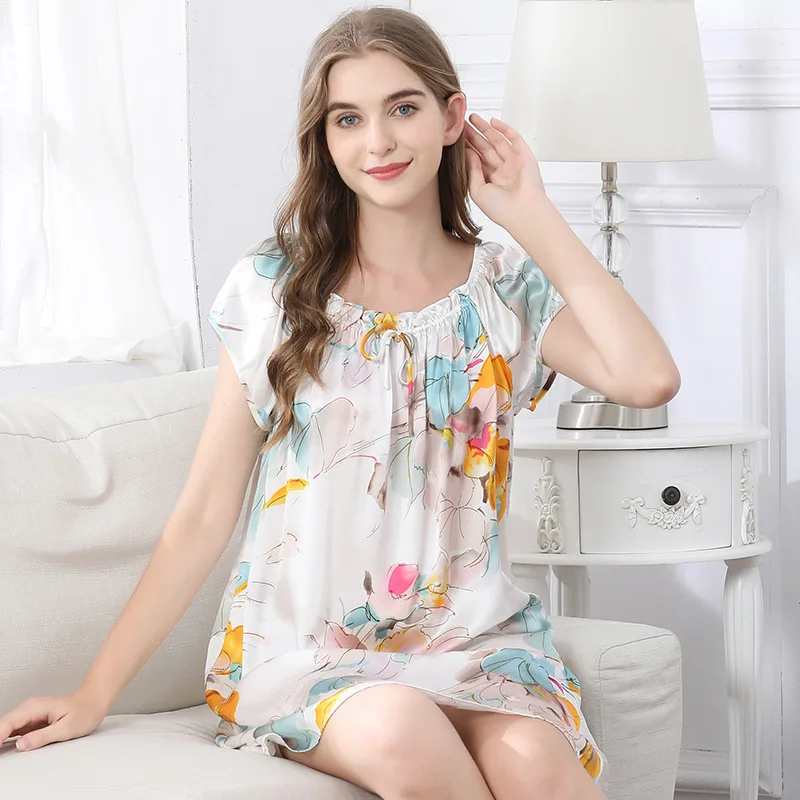 Summer Sexy Palace Princess/Doll Dress Short Sleeve Pajamas 100% Natural Mulberry Silk Satin Women's Fashion Casual Home Fur