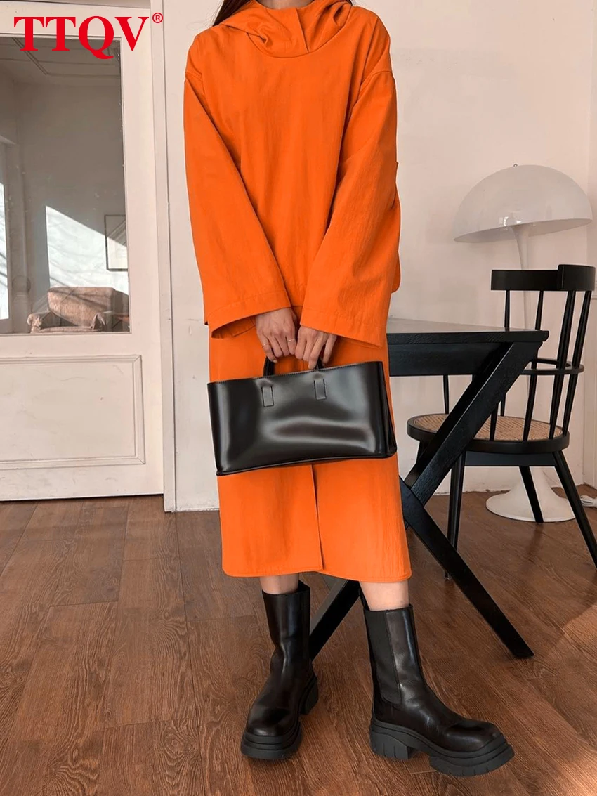 

TTQV Autumn Simple Orange Skirt Set Woman 2 Pieces Casual O-neck Long Sleeve Shirts With Slit Midi Skirts Female Sets Streetwear