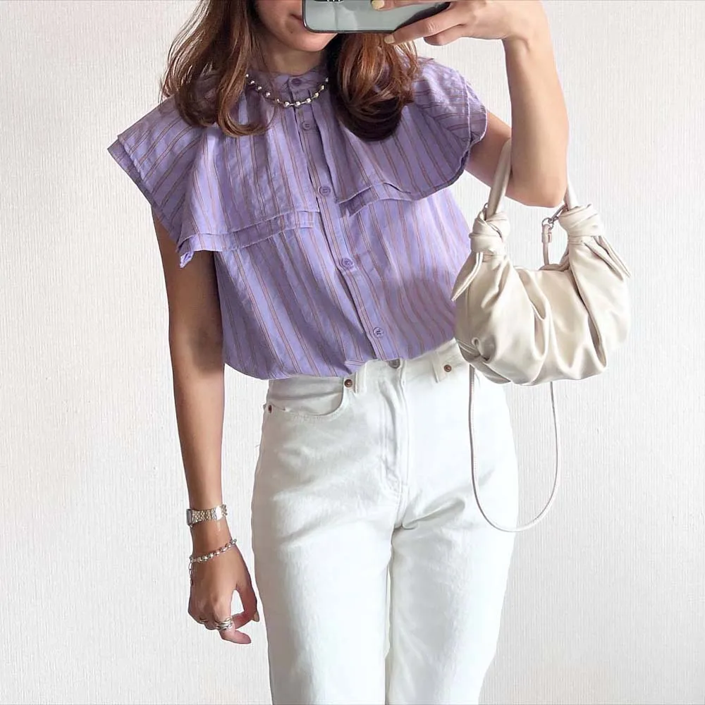 

Women Blouse Striped Top Single-breasted Double-collar Shirt Ins Loose Thin Elegant Chic 2022 Summer New Ladies Top Korea Japan