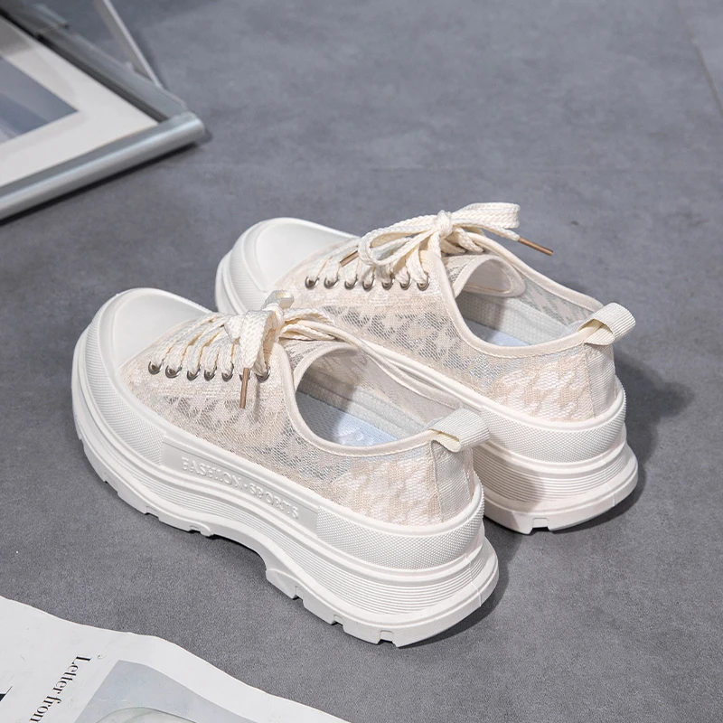 2023 Summer Lace Breathable Shallow Mouth White Shoes Women's Thick-bottomed Hidden Heel Casual All-match Sneakers Pink