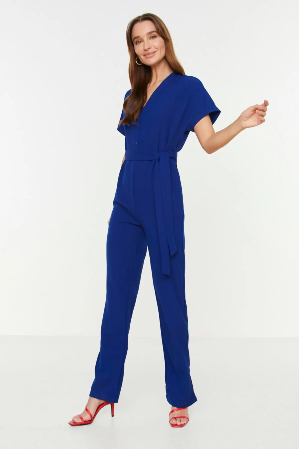 

Women's Overalls Navy Blue Belted Jumpsuit Hot Style Quality Fabric Sleeveless Baggy Trousers Casual Jumpsuit