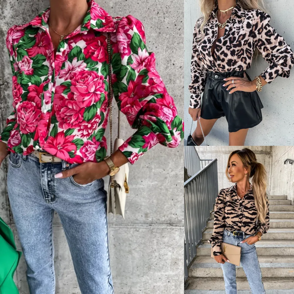 

Women Blouse Flower Shirt 2022 Fall V-Neck Button Leopard Print Tops S-XXL