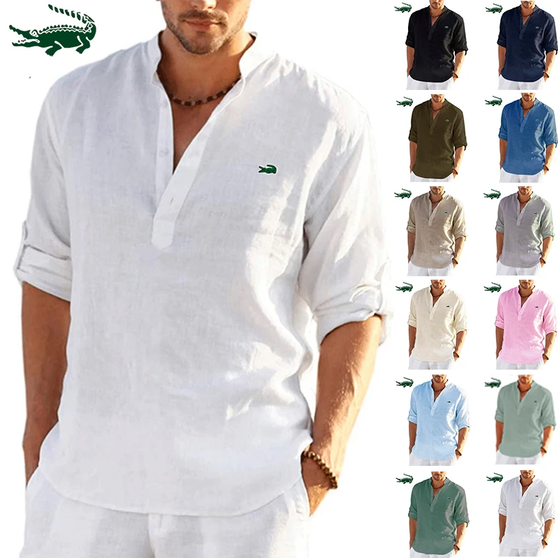 

High Quality Men's Spring/Summer New Long Sleeved Cotton Linen Shirt Business Casual Loose Fitting T-shirt Shirt Top S-5XL