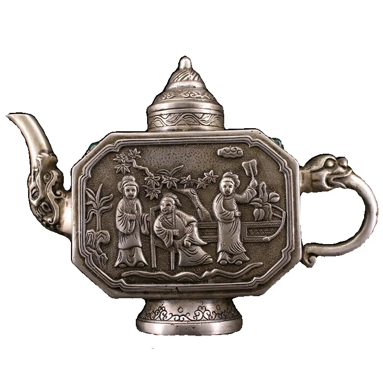 

LAOJUNLU Antique Old Objects Old Silver Da Guan Yuan Silver Teapot Wine Jug Finely Crafted Old Silversmith Antique Collectible