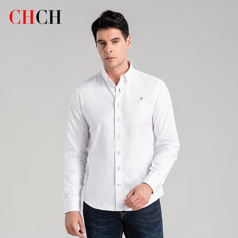 

CHCH 2021 New Fashion 100% Cotton Long Sleeve Shirt Solid Slim Fit Male Social Casual Business White Dress Shirts
