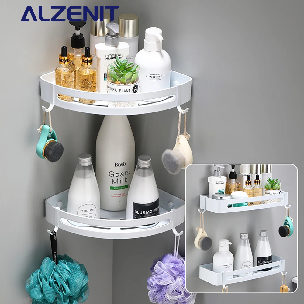 

Corner Shelf Shower Storage Rack White Aluminum Shampoo Holder Wall Mounted Organizer Bathroom With Hook Kitchen Accessories