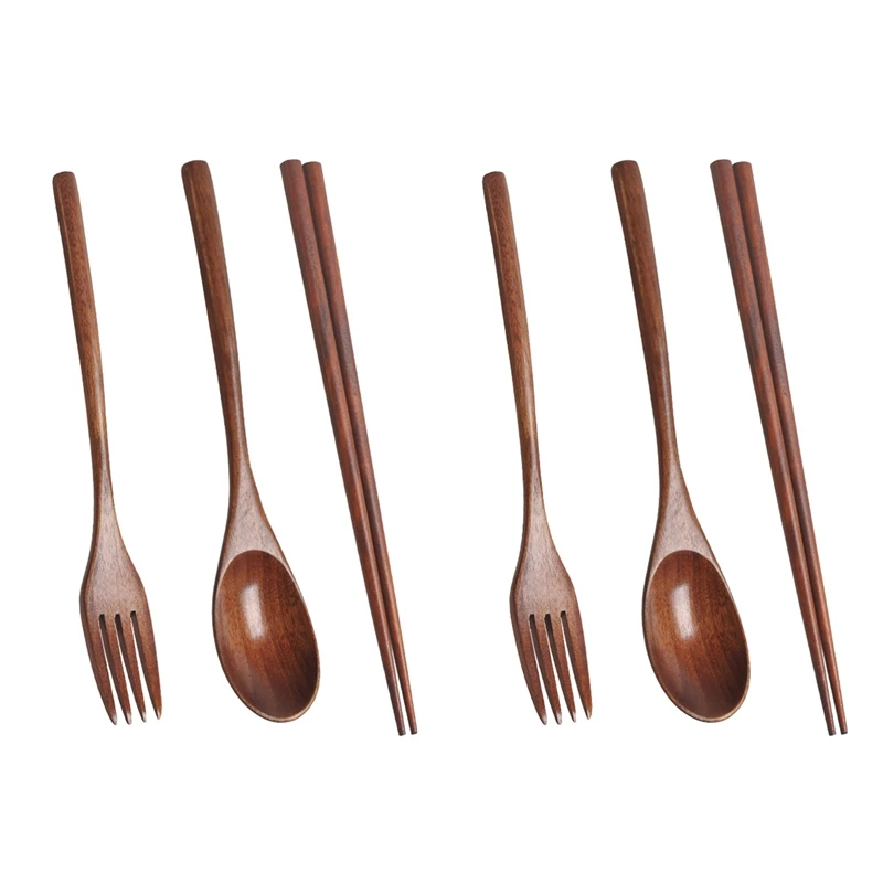 

New-2X Wooden Cutlery Set Portable Eco Friendly Reusable Flatware Set Spoon Fork Chopsticks For Camping Office Lunch
