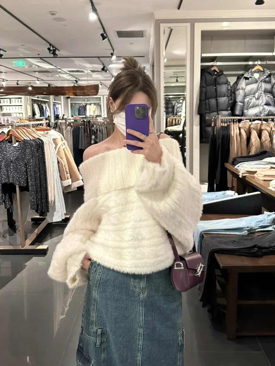 Женский белый вязаный свитер Harajuku 90-х Y2k однотонный джемпер с разрезом на шее и