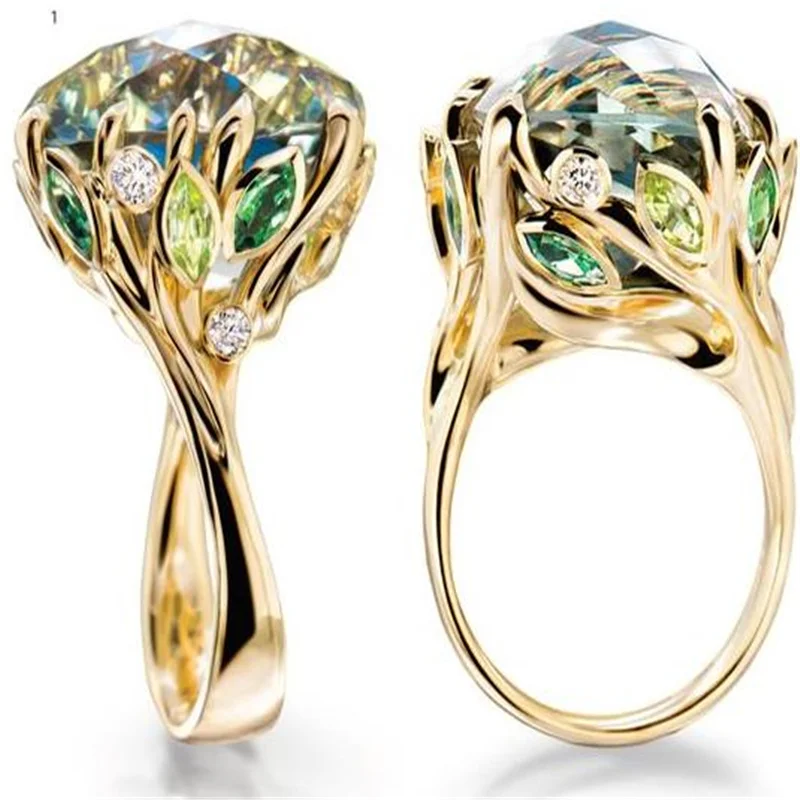 

Popular New Luxury Green Leaf Crystal Engagement Rings for Women Jewelry Hand Accessories Temperament Rings Size 5-11