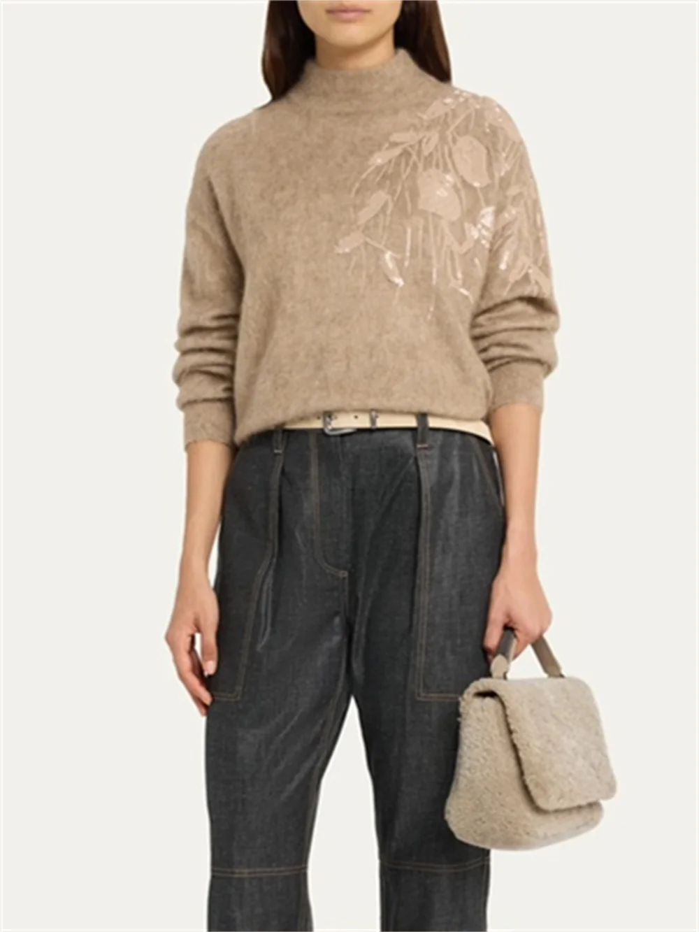 

Female Long Sleeve Solid Color Pullover Tops Women Sequin Decoration Half Turtleneck Sweater Autumn 2023 New