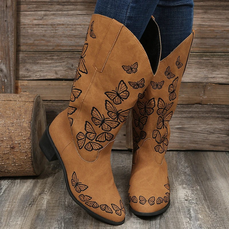 

Autumn Women Chelsea High Boots 2022 New Winter Mid Calf Thick Motorcycle Boots Rome Ladies Heels Shoes Butterfly Snow Zapatos