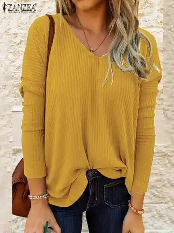 ZANZEA Fashion Solid Women Blouse Autumn Bottoming Shirt Full Long Sleeve T-shirt Thin Causal Loose Top Work OL Blusas Oversized