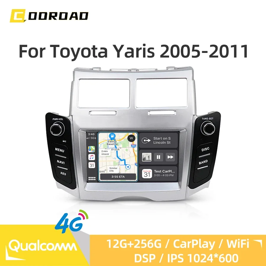 Фото Автомобильный мультимедийный плеер 12G 256G Android 13.0 с CarPlay, GPS-навигацией, Bluetooth, 4G, WiFi, DSP, автомагнитола для Toyota Yaris 2005-2011 №1