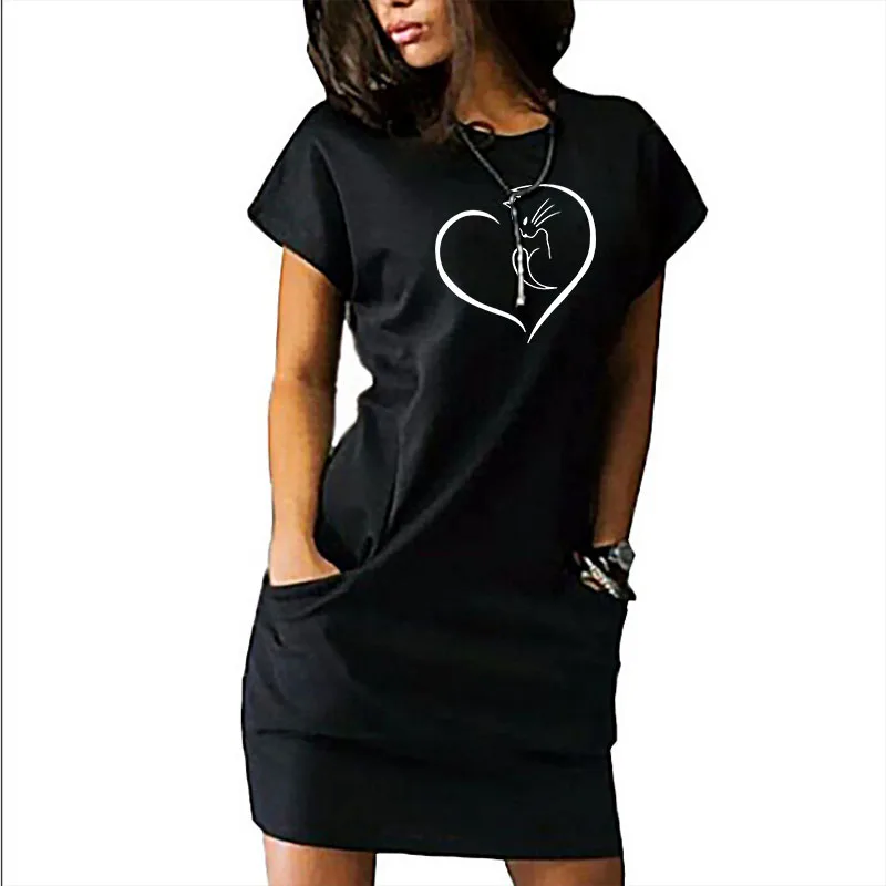 Women Summer Dress Love Cat Print Casual T-Shirts Mini Dress Hip Hop Long Tops Above Knee Length Sexy Street Wear Long Shirt