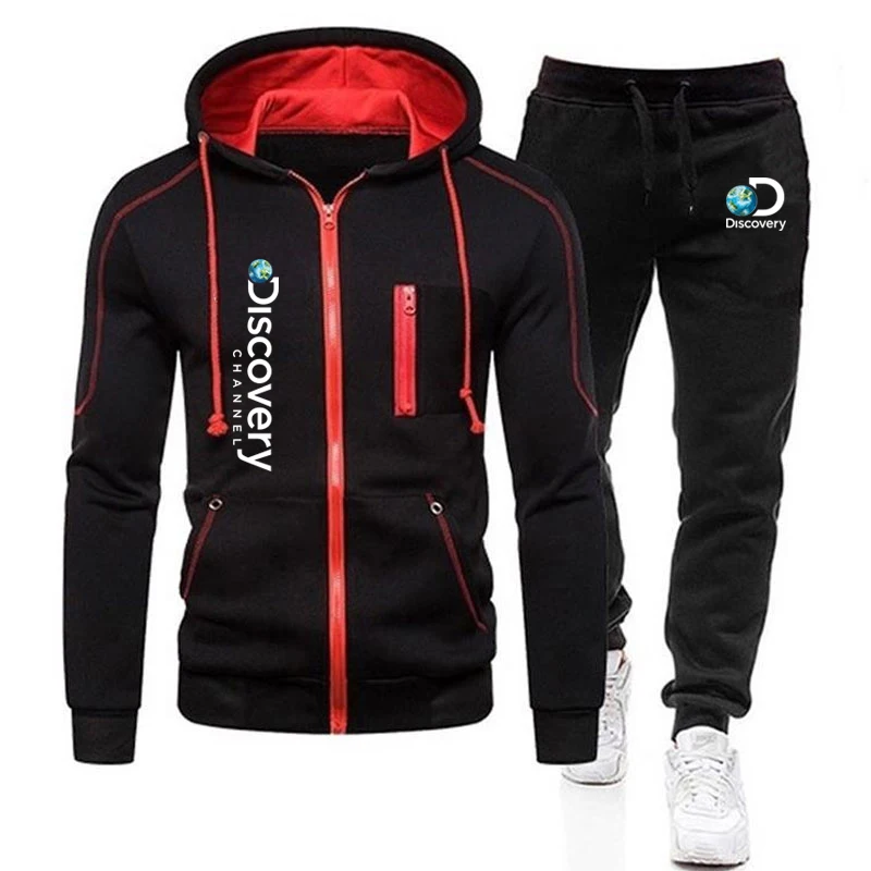 

Discovery Channel Men Zipper Hoodies Sweatshirt+Sweatpants Suit New 2022 Autumn Winter Warm Hooded Outwear Men's Sportswear Sets
