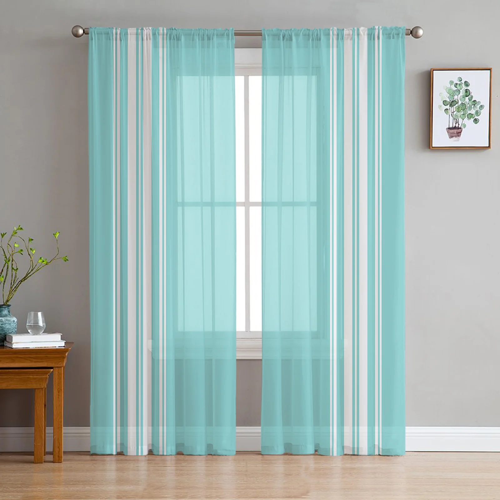 

Aqua Stripes Rustic Farmhouse Sheer Curtains for Living Room Bedroom Tulle Curtain for Kitchen Home Decor Window Drapes