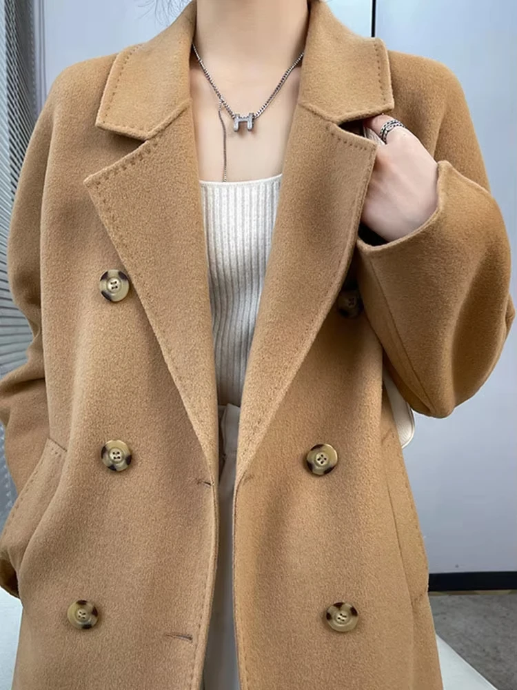 Модное женское пальто из 90% шерсти с лацканами свободное двубортное длинными