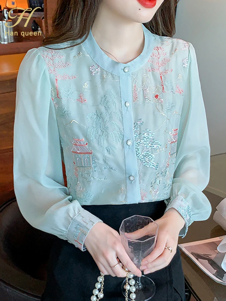 

H Han Queen Autumn Korean Basics Women Vintage Embroidery Tops Chiffon Long Sleeve Casual Chiffon Blouse Office Shirts Female