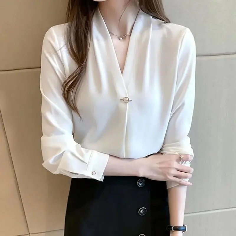 Spring New Solid Color Loose Shirt Tops Long Sleeve V Neck All-match Blouse Office Elegant Fashion Women Clothing