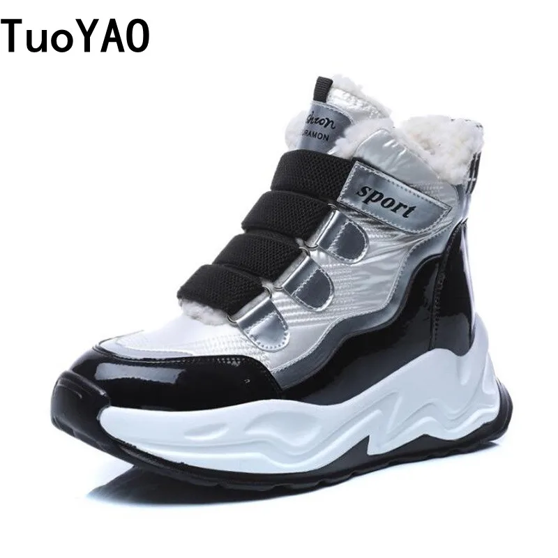 

Winter Women Warm Plush Snow Boots Genuine Leather Ankle Boots 5CM Heels Chunky Sneakers Thick Fur High Platform Ankle Boots New