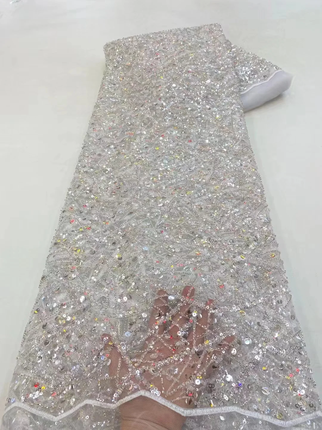 

French Luxury Classic Heavy Handmade Bead Tulle Lace High Quality African Sequins Pearl Fabric For Bride Evening Dress PL113-2