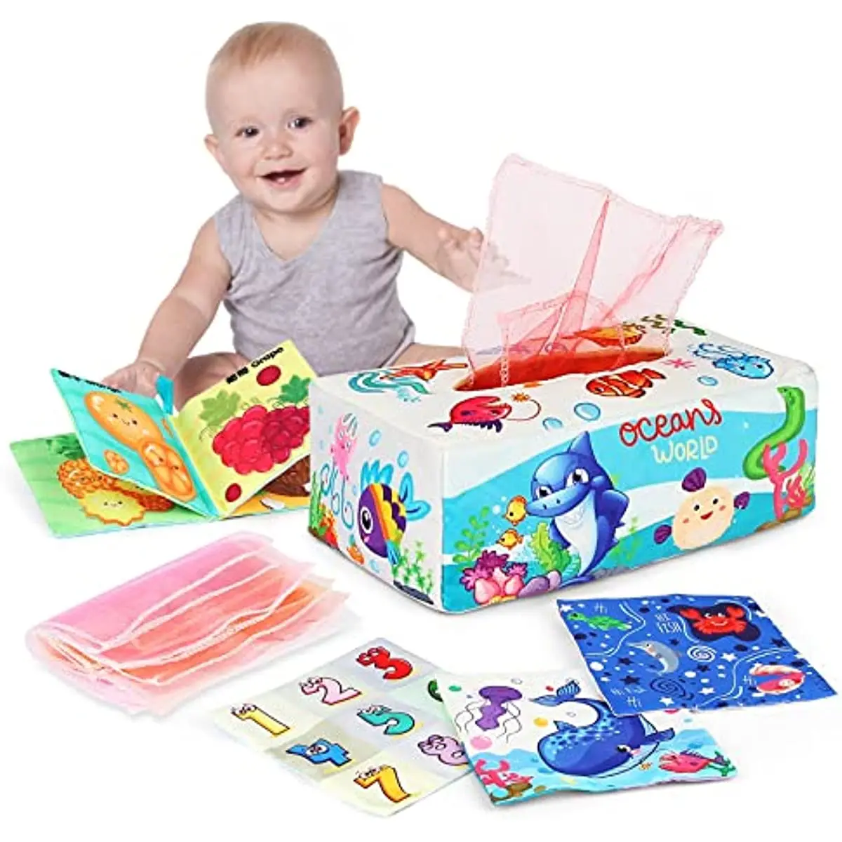 

Montessori Toys For Baby 0-18 Months Infant Toddlers Tissue Box Colorful Soft Sensory Toy For Toddler Finger Exercise