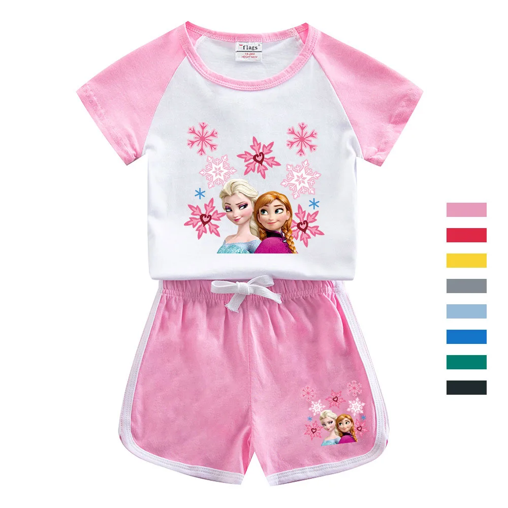 

Little Girls Summer Casual Short Sleeve Tops Shorts Suit New Elsa Anna Cartoon Children's Clothes Kids Cute Casual Two-piece Set
