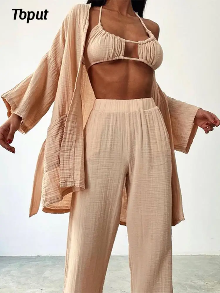 

Bohemian Sexy Women's Three Piece Suits Casual Female Halterneck Lace Up Trousers Sets Lady Long Sleeve Pocket Nightgown Sets