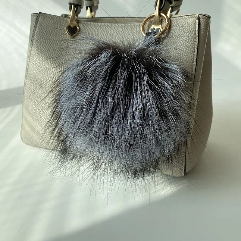 Big 15cm Fluffy Real Fox Fur Ball Pom Poms Natural Fur Pompom Leather Strap Keychain Key Chain Ring Pendant For Women Charm f278 images - 6